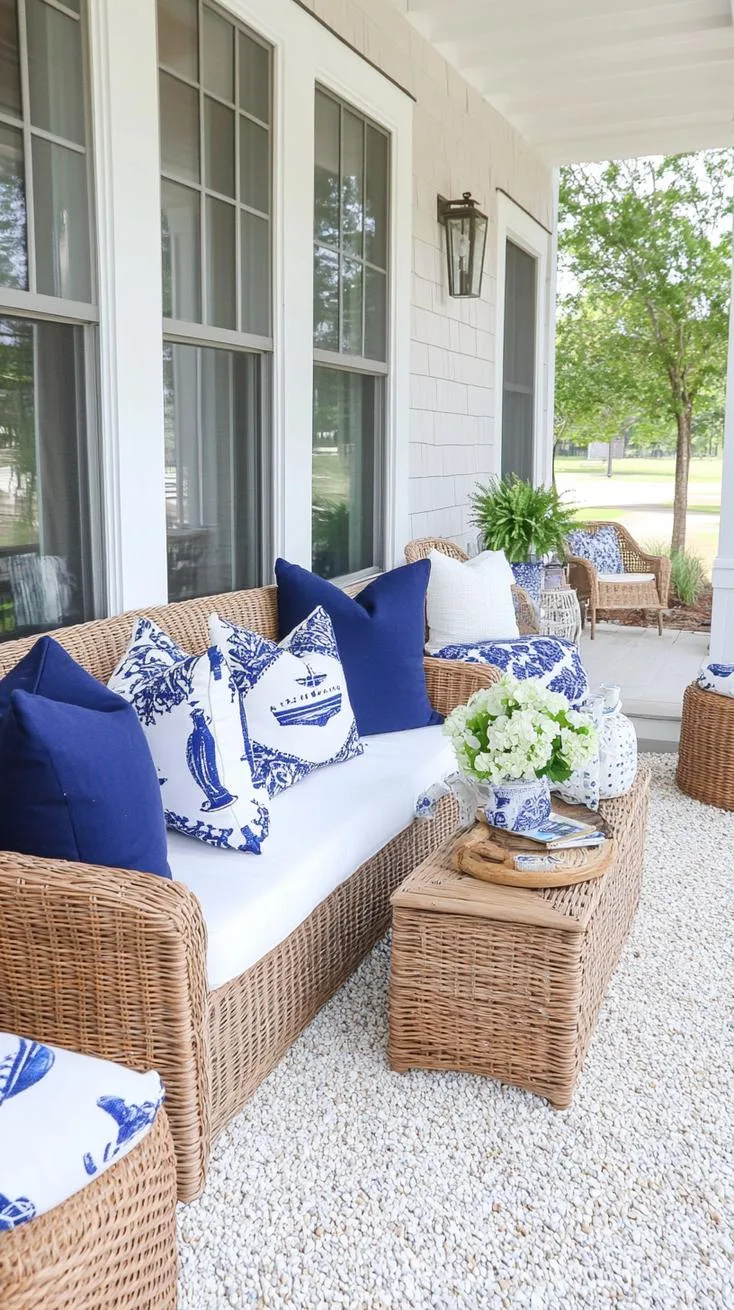 3. Coastal retreat featuring wicker furniture, nautical color palettes, and sand-colored gravel-2 3. Coastal retreat featuring wicker furniture, nautical color palettes, and sand-colored gravel-2