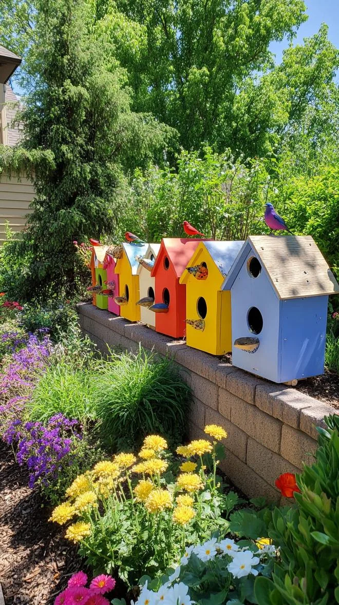 25 Unique Backyard Garden Ideas to Create Your Own Oasis 92 22. Colorful Birdhouse Haven-2