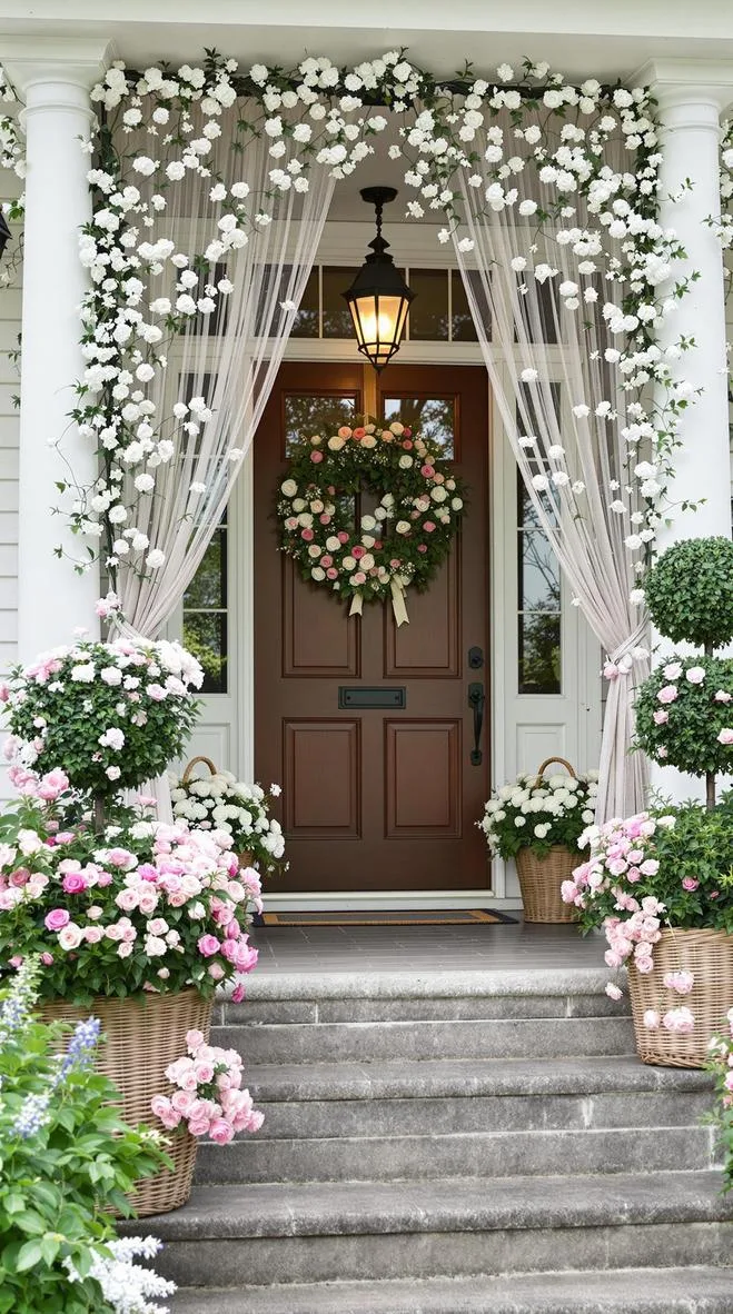 13. Cottage garden using floral drapes, wicker baskets, and rose topiary-0 13. Cottage garden using floral drapes, wicker baskets, and rose topiary-0