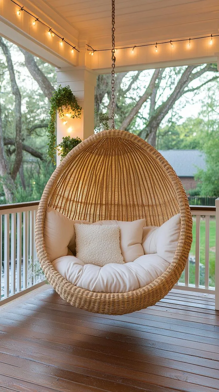 20. Outdoor reading space featuring a hanging chair, lighted bookshelves, and plush cushions-0 20. Outdoor reading space featuring a hanging chair, lighted bookshelves, and plush cushions-0