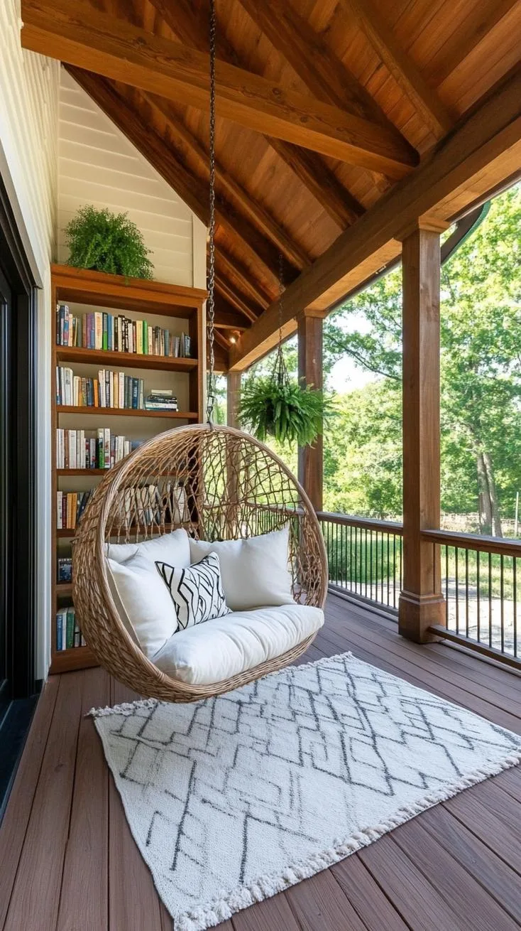 20. Outdoor reading space featuring a hanging chair, lighted bookshelves, and plush cushions-1 20. Outdoor reading space featuring a hanging chair, lighted bookshelves, and plush cushions-1