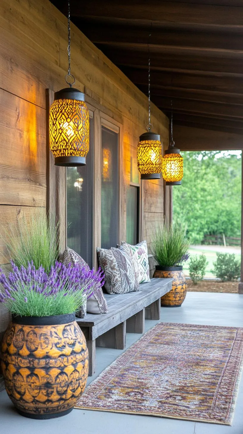 1. Rustic farmhouse charm with reclaimed wood seating, lantern lights, and potted lavender-0 1. Rustic farmhouse charm with reclaimed wood seating, lantern lights, and potted lavender-0
