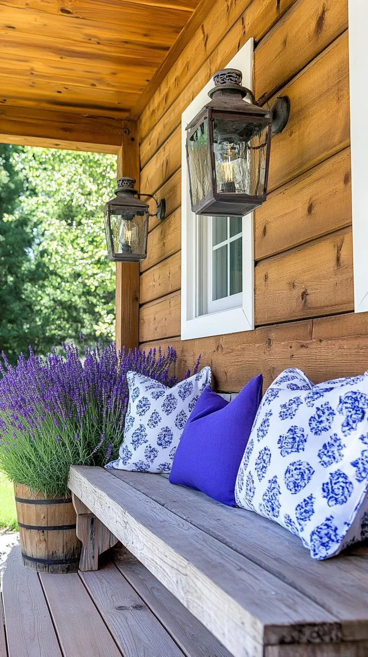 1. Rustic farmhouse charm with reclaimed wood seating, lantern lights, and potted lavender-1 1. Rustic farmhouse charm with reclaimed wood seating, lantern lights, and potted lavender-1