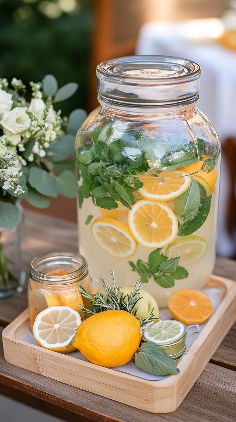 21 Dreamy Garden Wedding Decor Ideas 56 20. Bohemian-style lemonade bar with herbs and fresh fruits-2