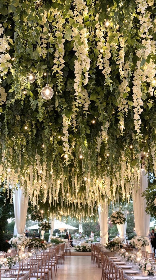21 Dreamy Garden Wedding Decor Ideas 29 10. Ceiling installation with greenery and soft glowing lights-0