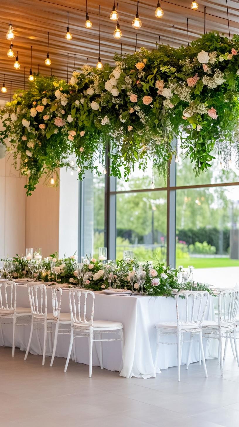 21 Dreamy Garden Wedding Decor Ideas 30 10. Ceiling installation with greenery and soft glowing lights-1