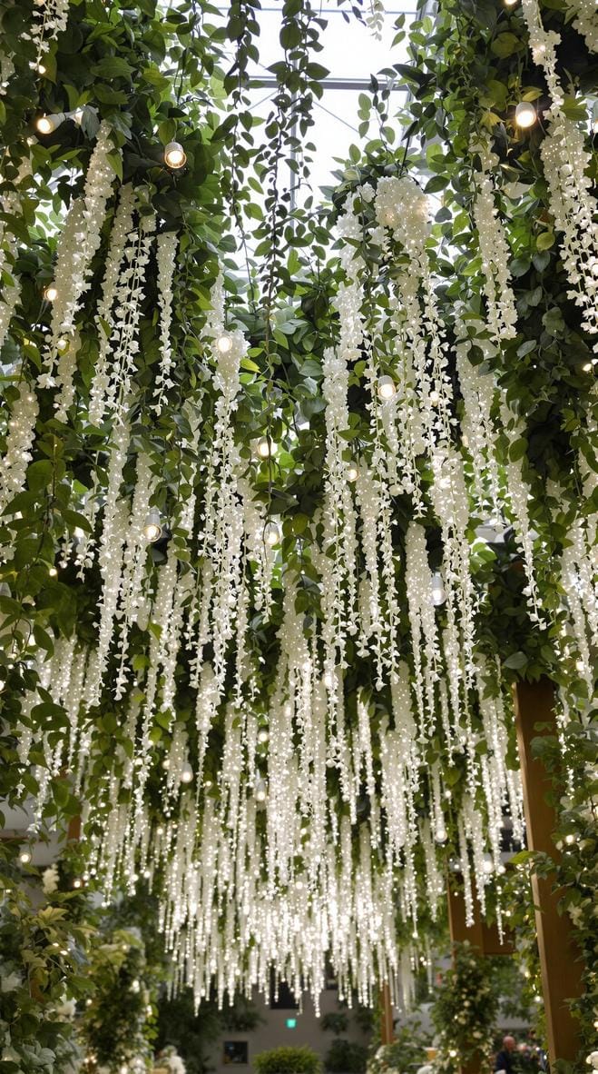 21 Dreamy Garden Wedding Decor Ideas 31 10. Ceiling installation with greenery and soft glowing lights-2