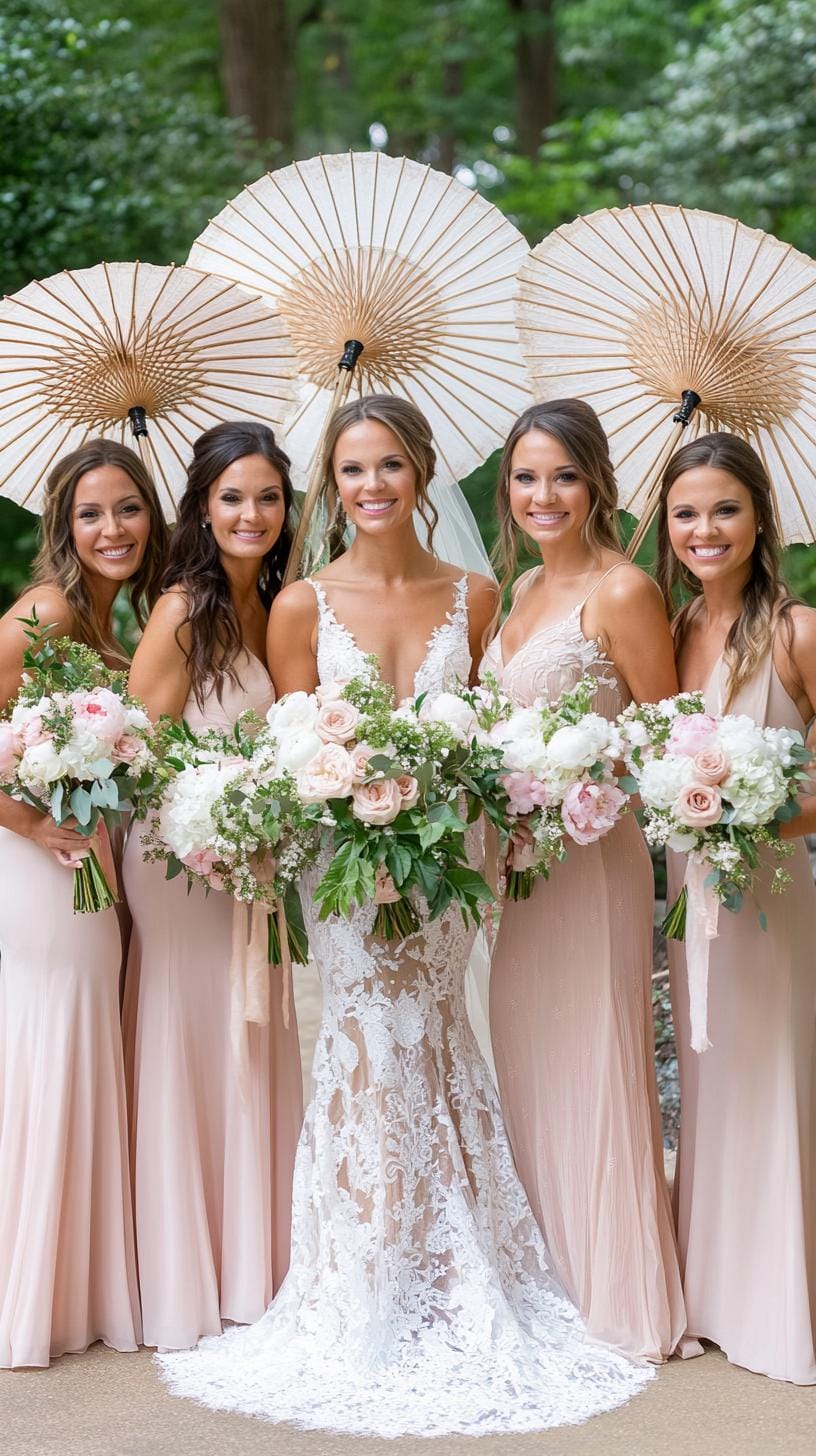 21 Dreamy Garden Wedding Decor Ideas 48 17. Chic parasol bridal party with pastel-toned dresses-0