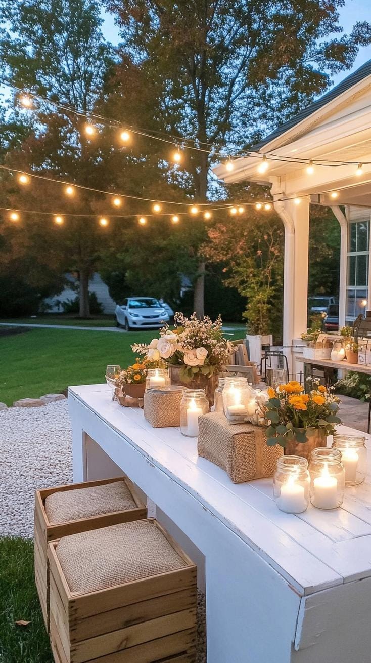 21 Dreamy Garden Wedding Decor Ideas 36 12. Cozy backyard buffet with string lights and rustic decor-1