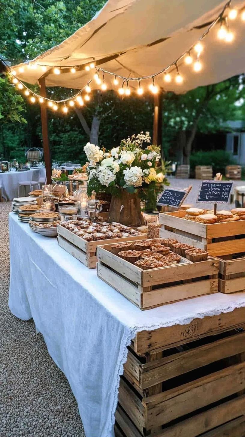 21 Dreamy Garden Wedding Decor Ideas 37 12. Cozy backyard buffet with string lights and rustic decor-2