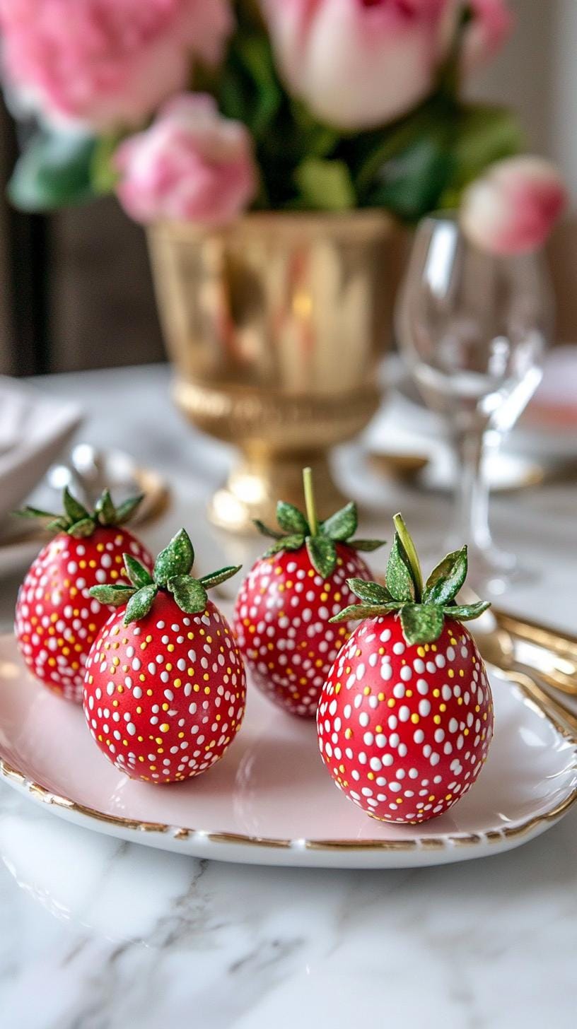 15. DIY strawberry-themed Easter eggs with cute leaves-0