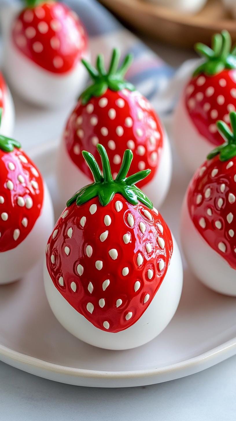 15. DIY strawberry-themed Easter eggs with cute leaves-1