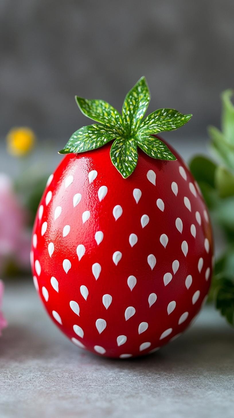 15. DIY strawberry-themed Easter eggs with cute leaves-2