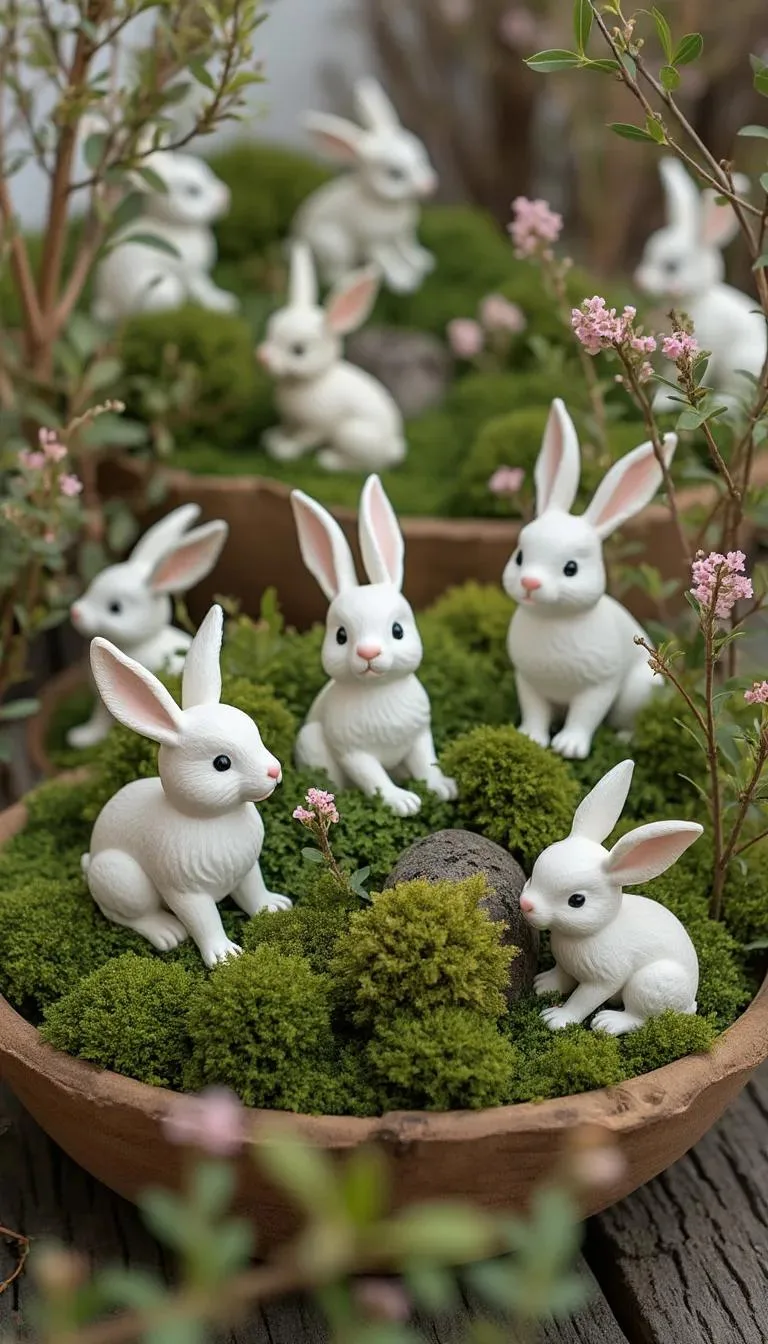 9. Dough bowl centerpiece with moss and white bunnies-0