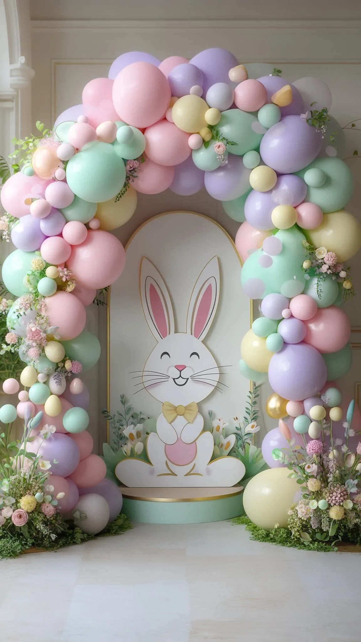 21 Trendy Easter Decor Ideas For 2025 44 17. Elegant Easter balloon arch with bunny backdrop-0
