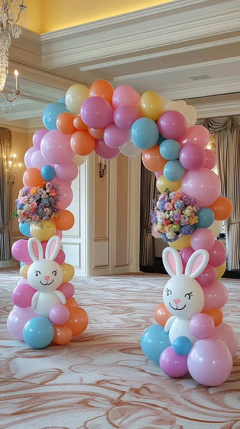 21 Trendy Easter Decor Ideas For 2025 45 17. Elegant Easter balloon arch with bunny backdrop-1