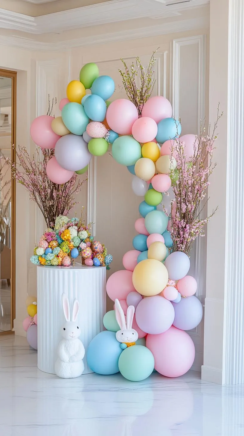 21 Trendy Easter Decor Ideas For 2025 46 17. Elegant Easter balloon arch with bunny backdrop-2