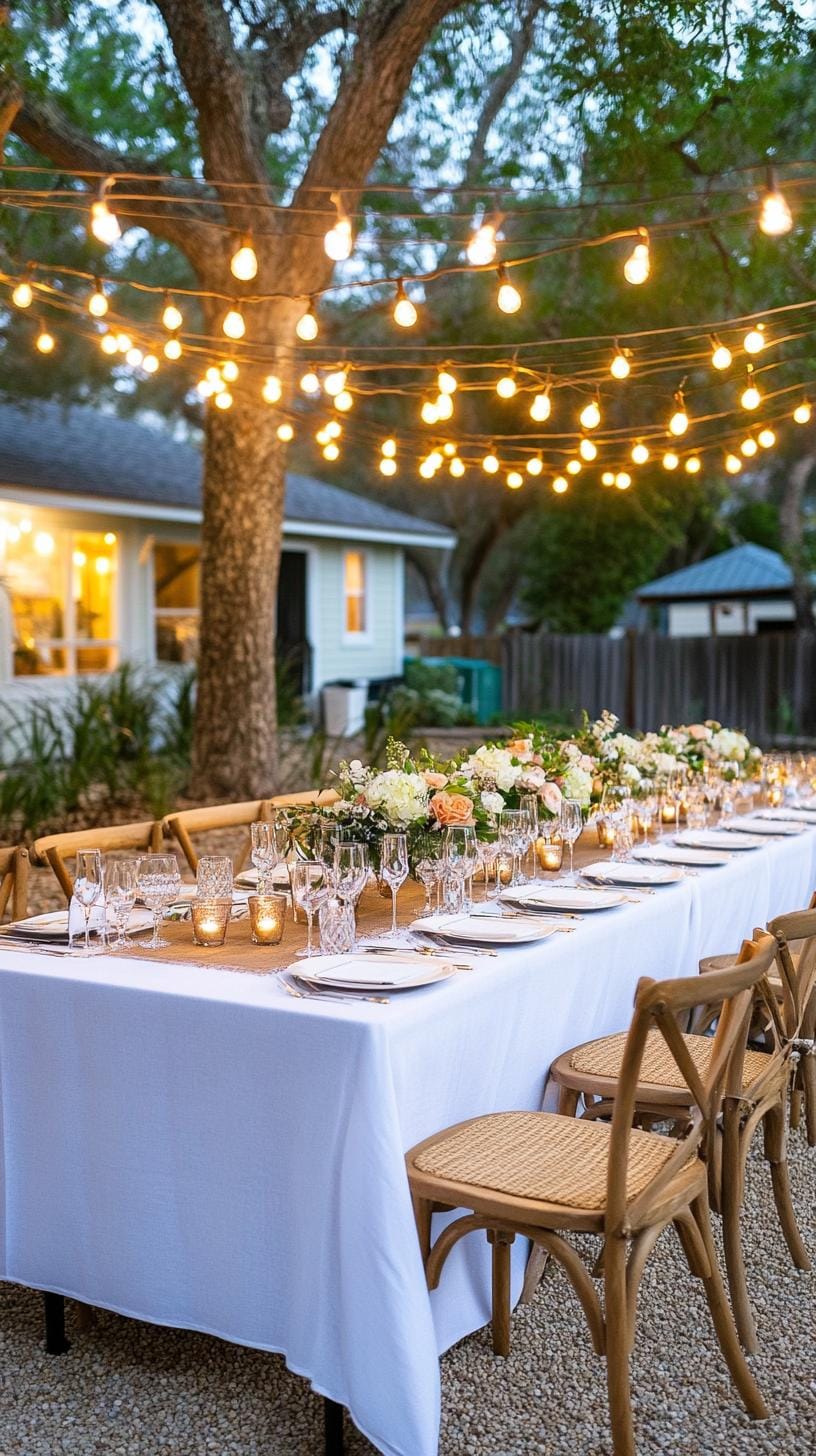 21 Dreamy Garden Wedding Decor Ideas 7 3. Elegant garden dinner setup with string light canopy-0