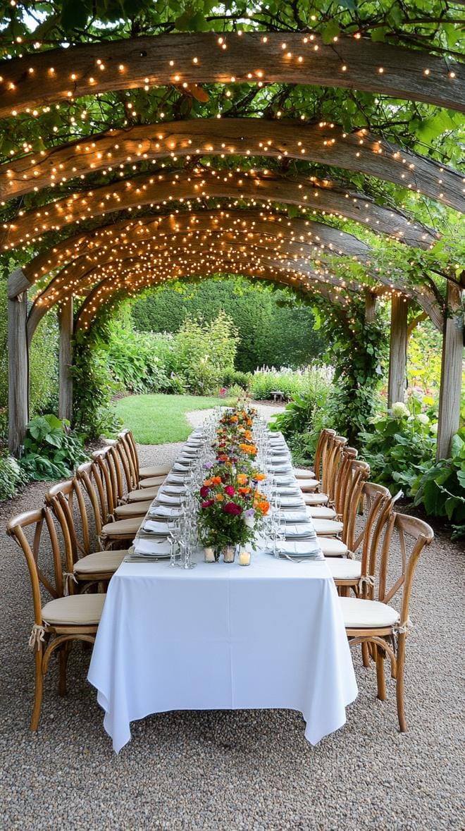21 Dreamy Garden Wedding Decor Ideas 9 3. Elegant garden dinner setup with string light canopy-2