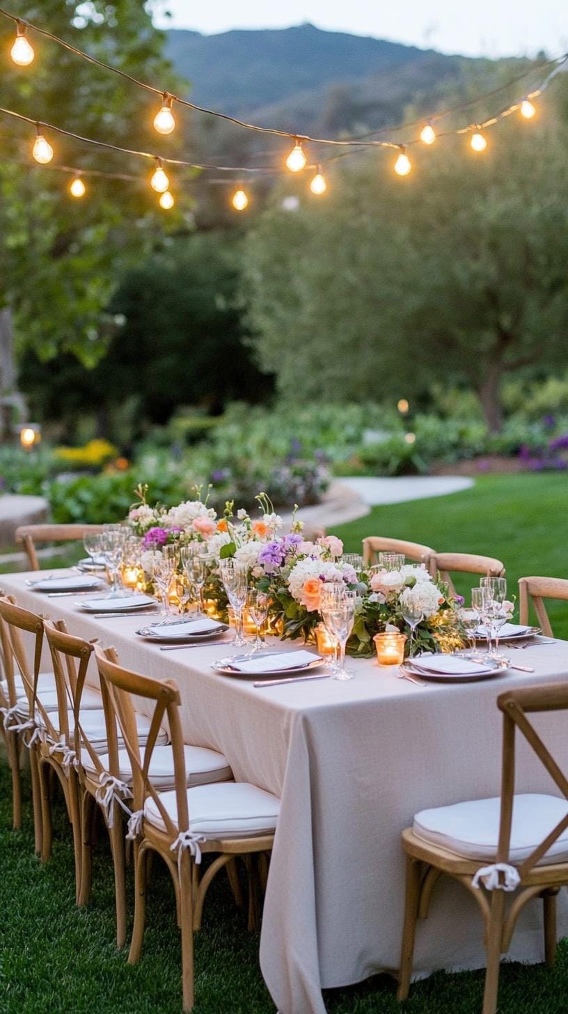 21 Dreamy Garden Wedding Decor Ideas 10 3. Elegant garden dinner setup with string light canopy-3