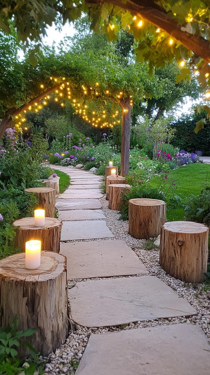 21 Dreamy Garden Wedding Decor Ideas 3 1. Fairy-lit garden pathway with candle-lit wooden stumps-0