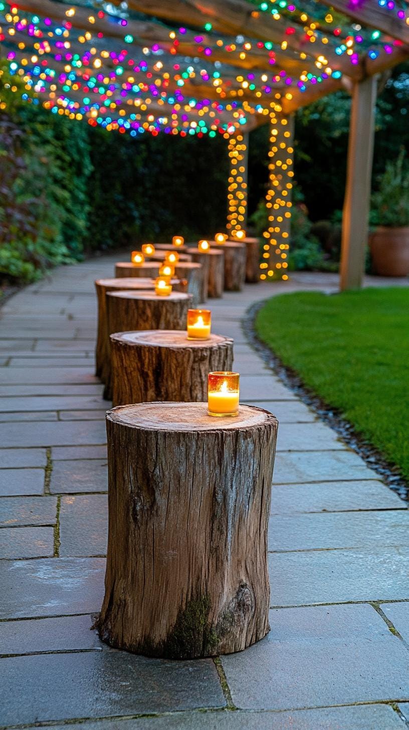 21 Dreamy Garden Wedding Decor Ideas 4 1. Fairy-lit garden pathway with candle-lit wooden stumps-1