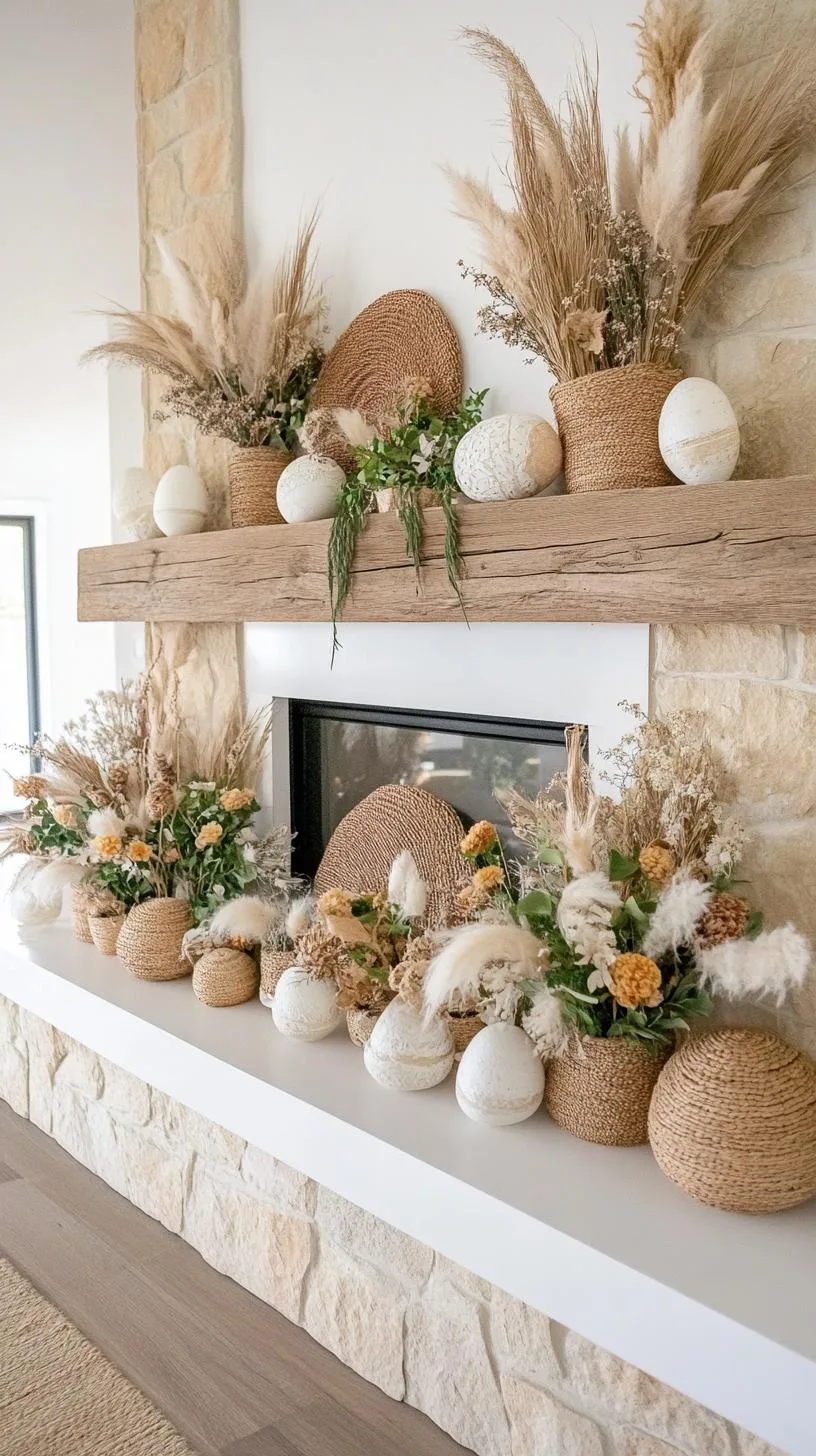 21 Trendy Easter Decor Ideas For 2025 25 10. Farmhouse-style Easter mantel with dried florals-1