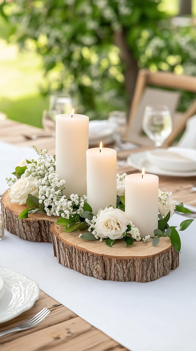 21 Dreamy Garden Wedding Decor Ideas 26 9. Garden dining table with wooden logs and candle clusters-0