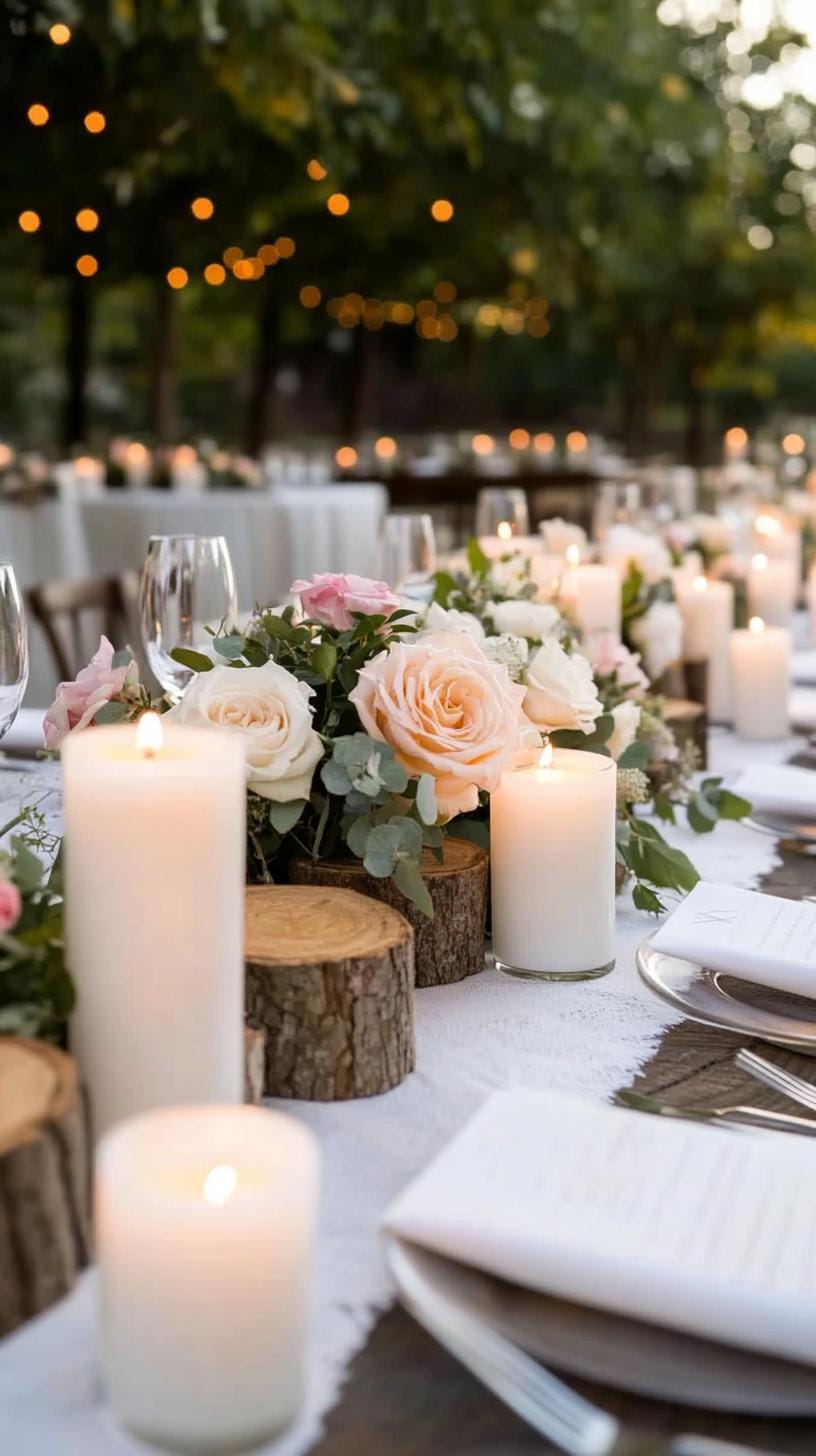 21 Dreamy Garden Wedding Decor Ideas 27 9. Garden dining table with wooden logs and candle clusters-1