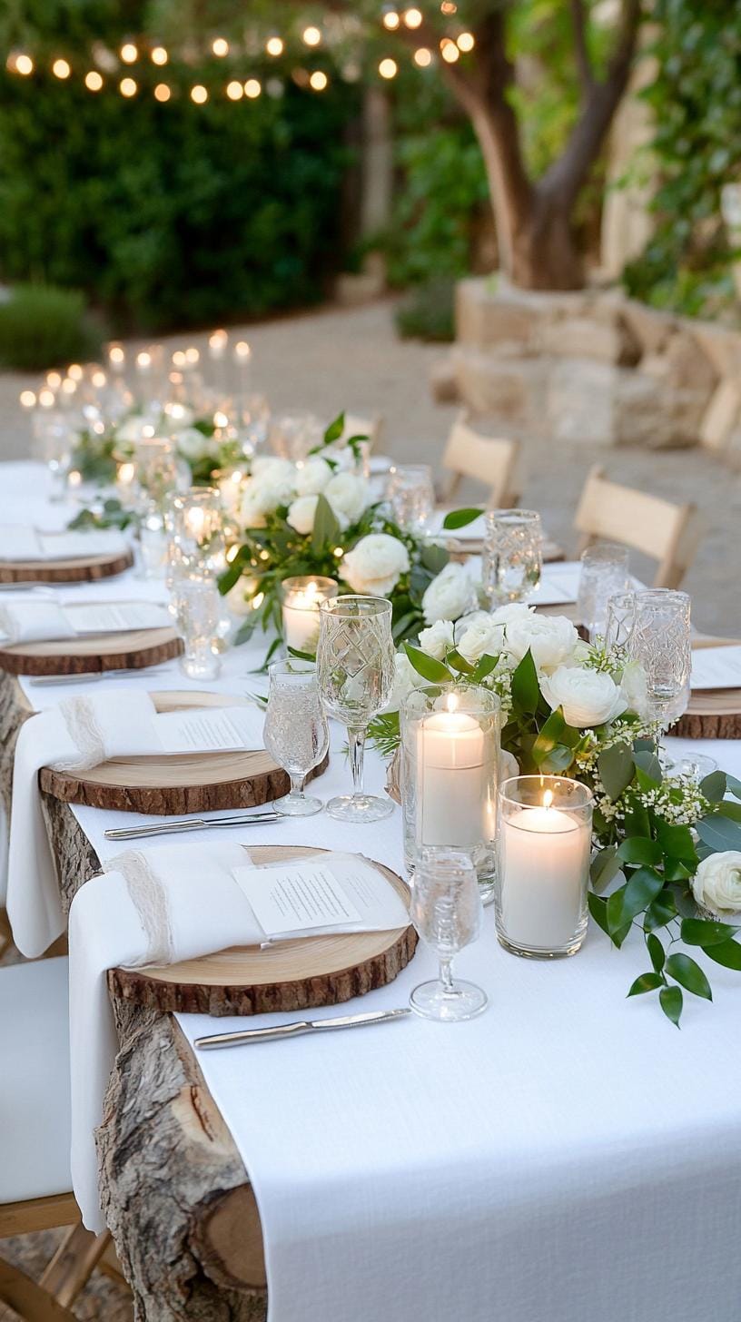 21 Dreamy Garden Wedding Decor Ideas 28 9. Garden dining table with wooden logs and candle clusters-2