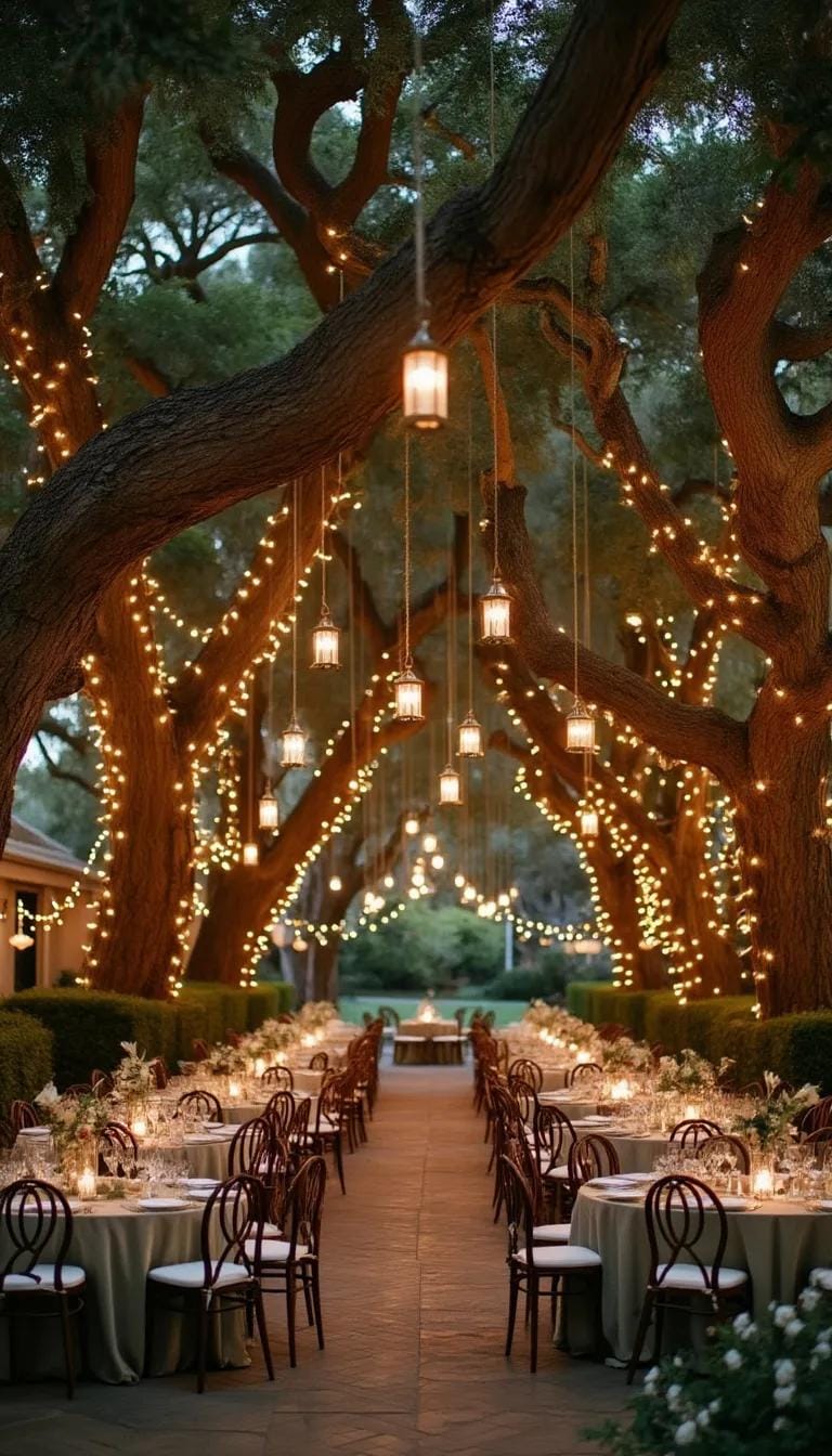 21 Dreamy Garden Wedding Decor Ideas 22 8. Hanging lanterns and fairy lights from large oak trees-0