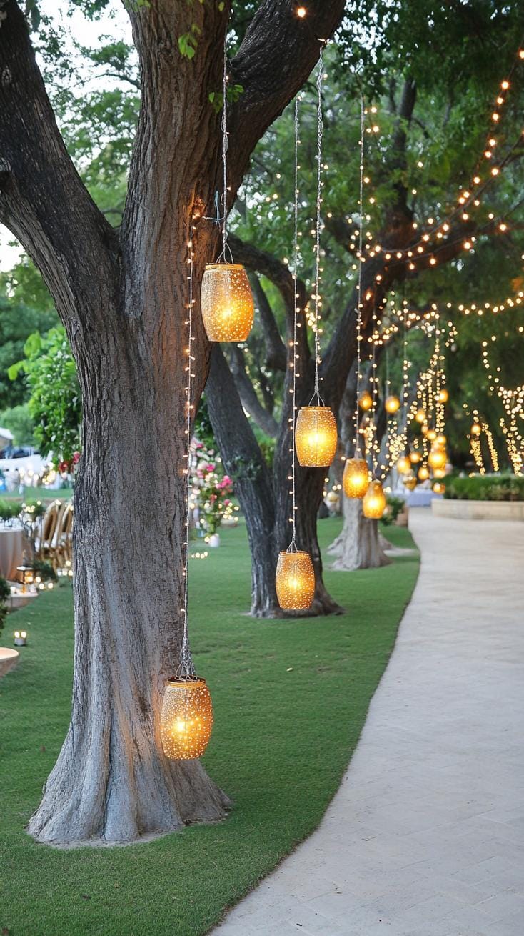 21 Dreamy Garden Wedding Decor Ideas 23 8. Hanging lanterns and fairy lights from large oak trees-1