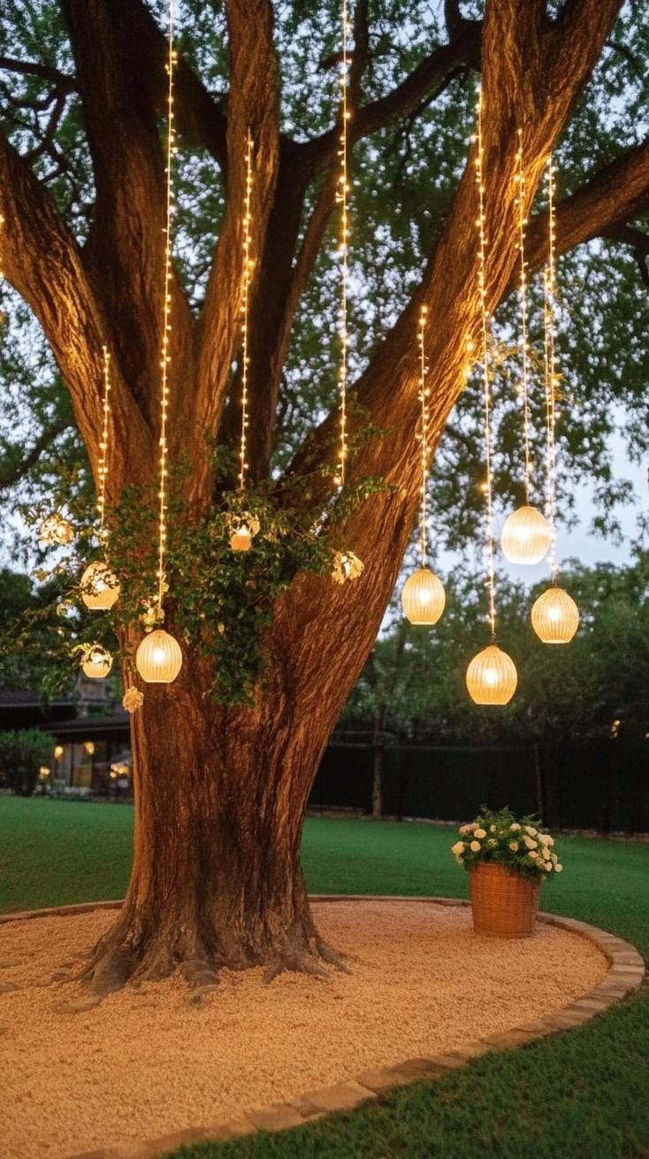 21 Dreamy Garden Wedding Decor Ideas 24 8. Hanging lanterns and fairy lights from large oak trees-2