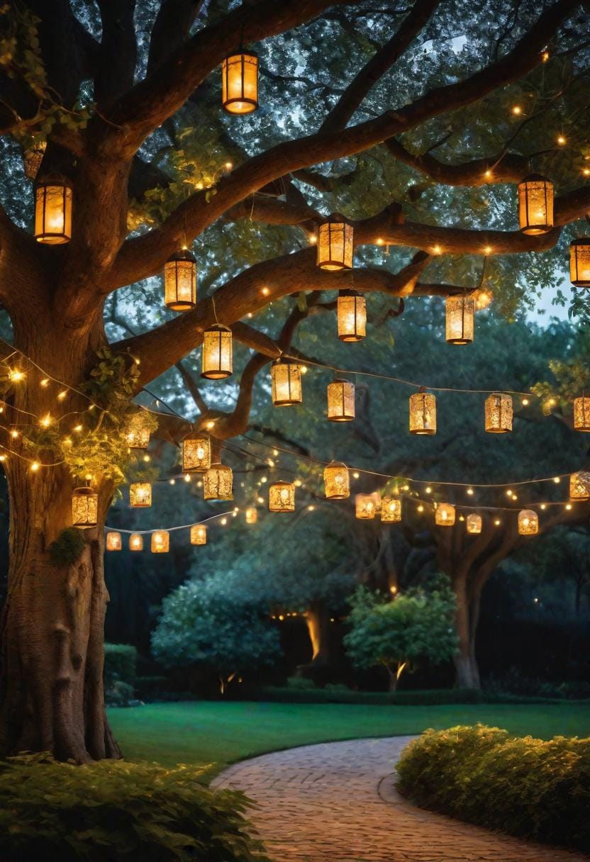 21 Dreamy Garden Wedding Decor Ideas 25 8. Hanging lanterns and fairy lights from large oak trees-3