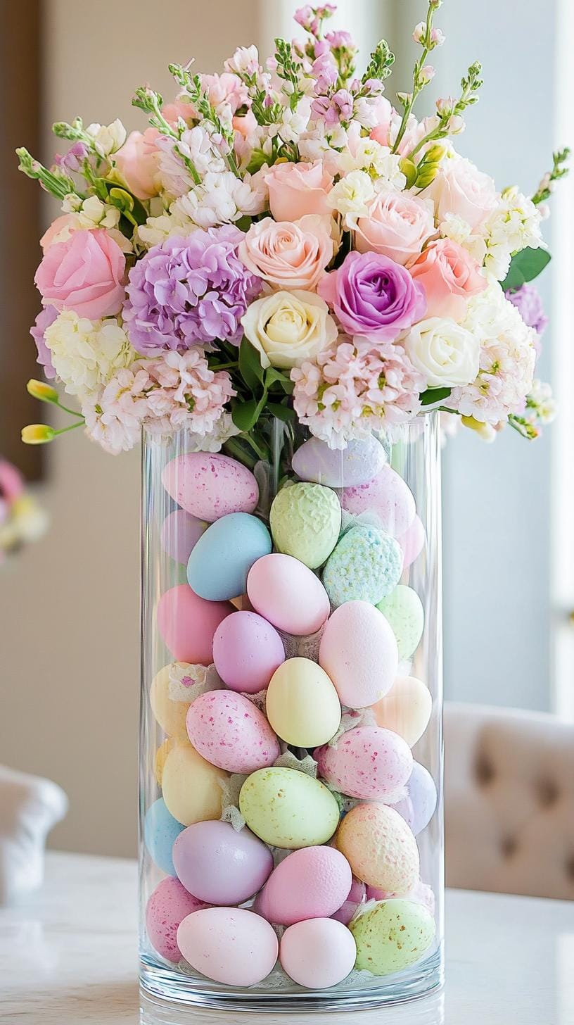 7. Layered vase centerpiece with Peeps and fresh flowers-2