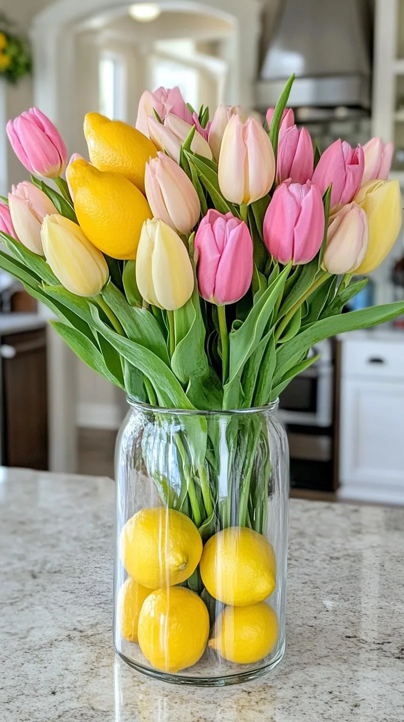 21 Trendy Easter Decor Ideas For 2025 35 14. Lemon-filled glass vase with yellow tulip bouquet-0
