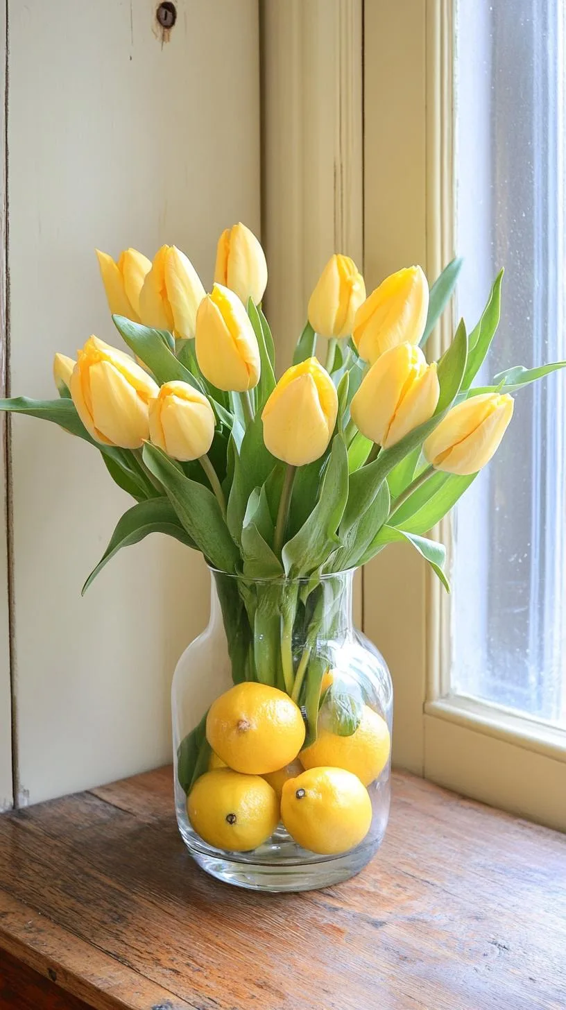 21 Trendy Easter Decor Ideas For 2025 36 14. Lemon-filled glass vase with yellow tulip bouquet-1