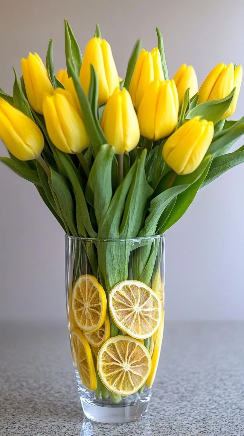 21 Trendy Easter Decor Ideas For 2025 37 14. Lemon-filled glass vase with yellow tulip bouquet-2