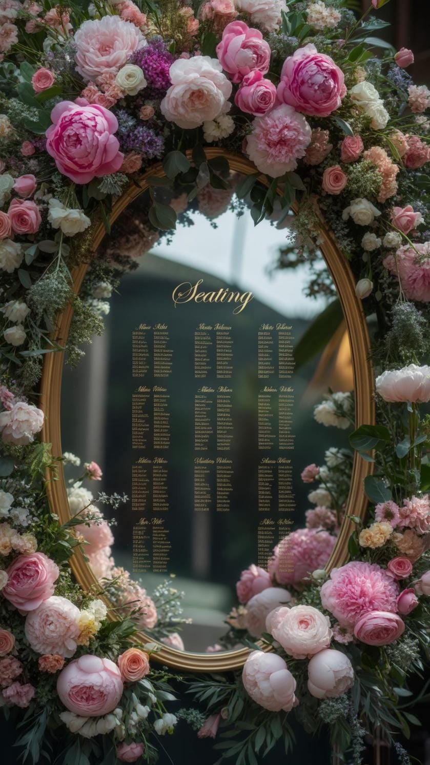 21 Dreamy Garden Wedding Decor Ideas 19 7. Mirror seating chart surrounded by lush floral decor-0