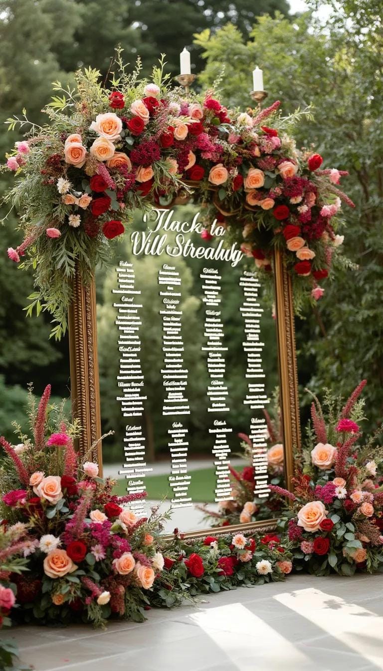 21 Dreamy Garden Wedding Decor Ideas 20 7. Mirror seating chart surrounded by lush floral decor-1