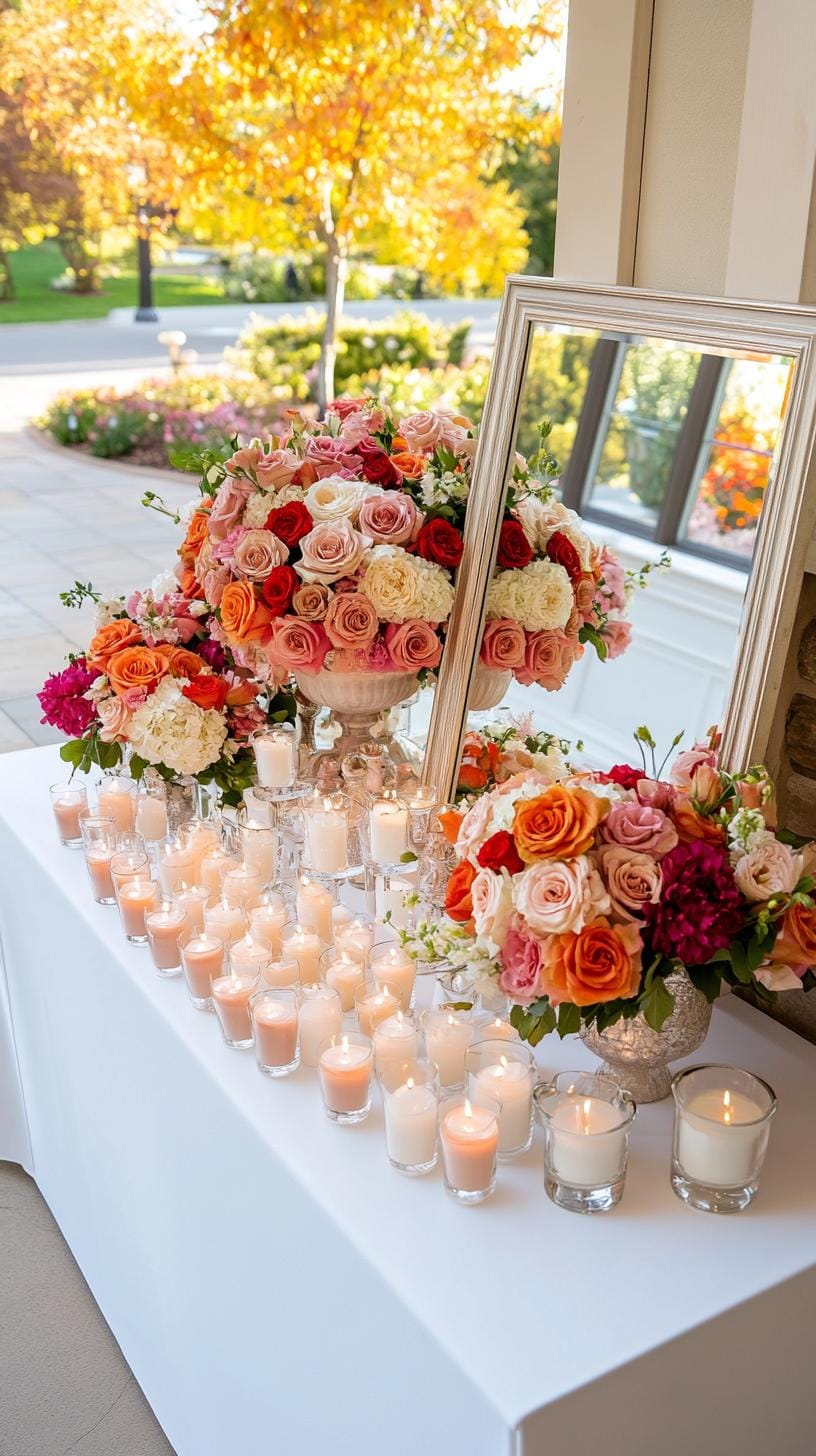 21 Dreamy Garden Wedding Decor Ideas 21 7. Mirror seating chart surrounded by lush floral decor-2