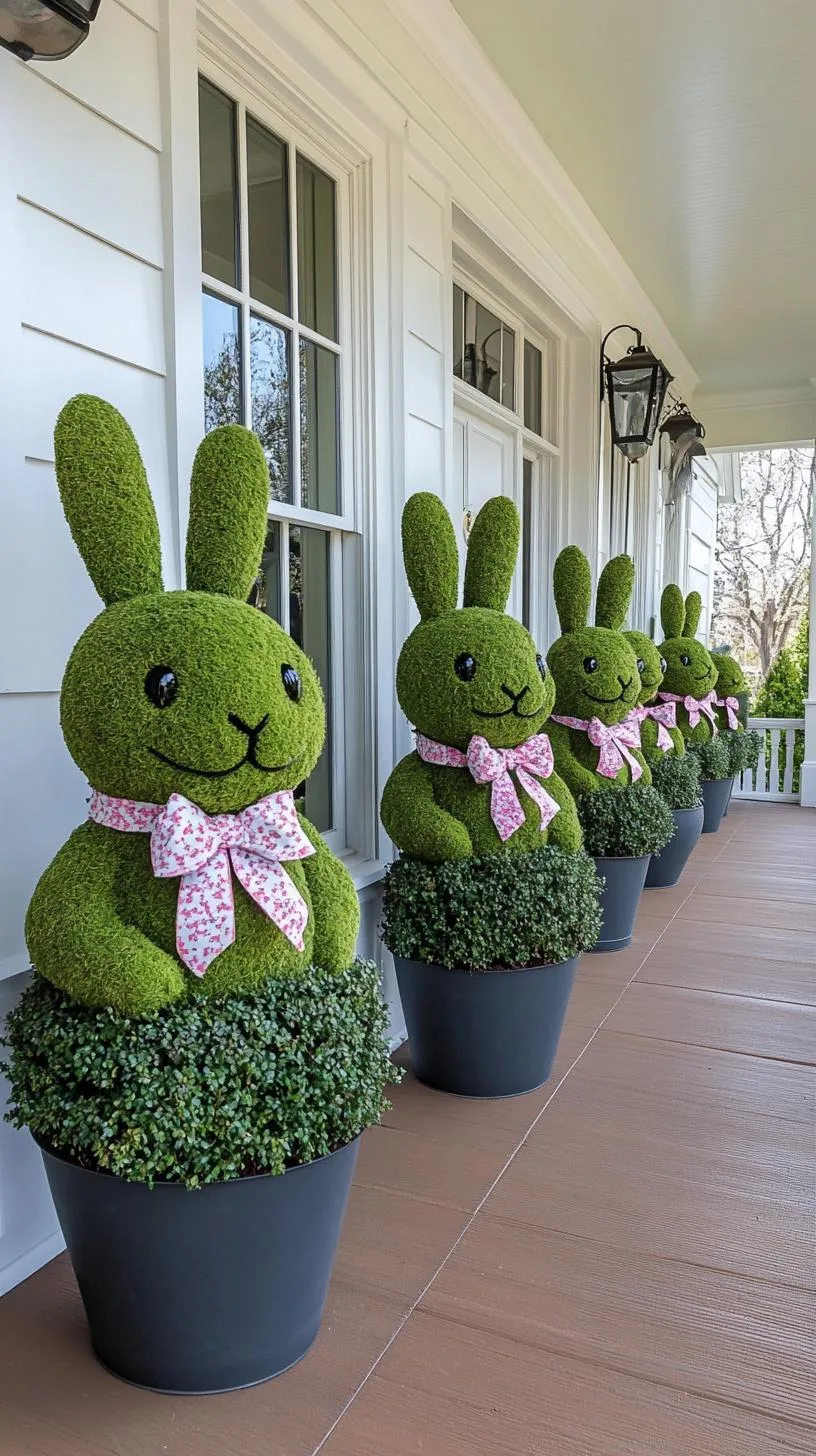 21 Trendy Easter Decor Ideas For 2025 18 7. Moss-covered bunny topiaries in porch planters-1