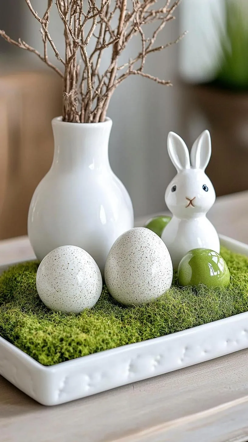 21 Trendy Easter Decor Ideas For 2025 47 18. Moss-lined tray with ceramic bunnies and eggs-0
