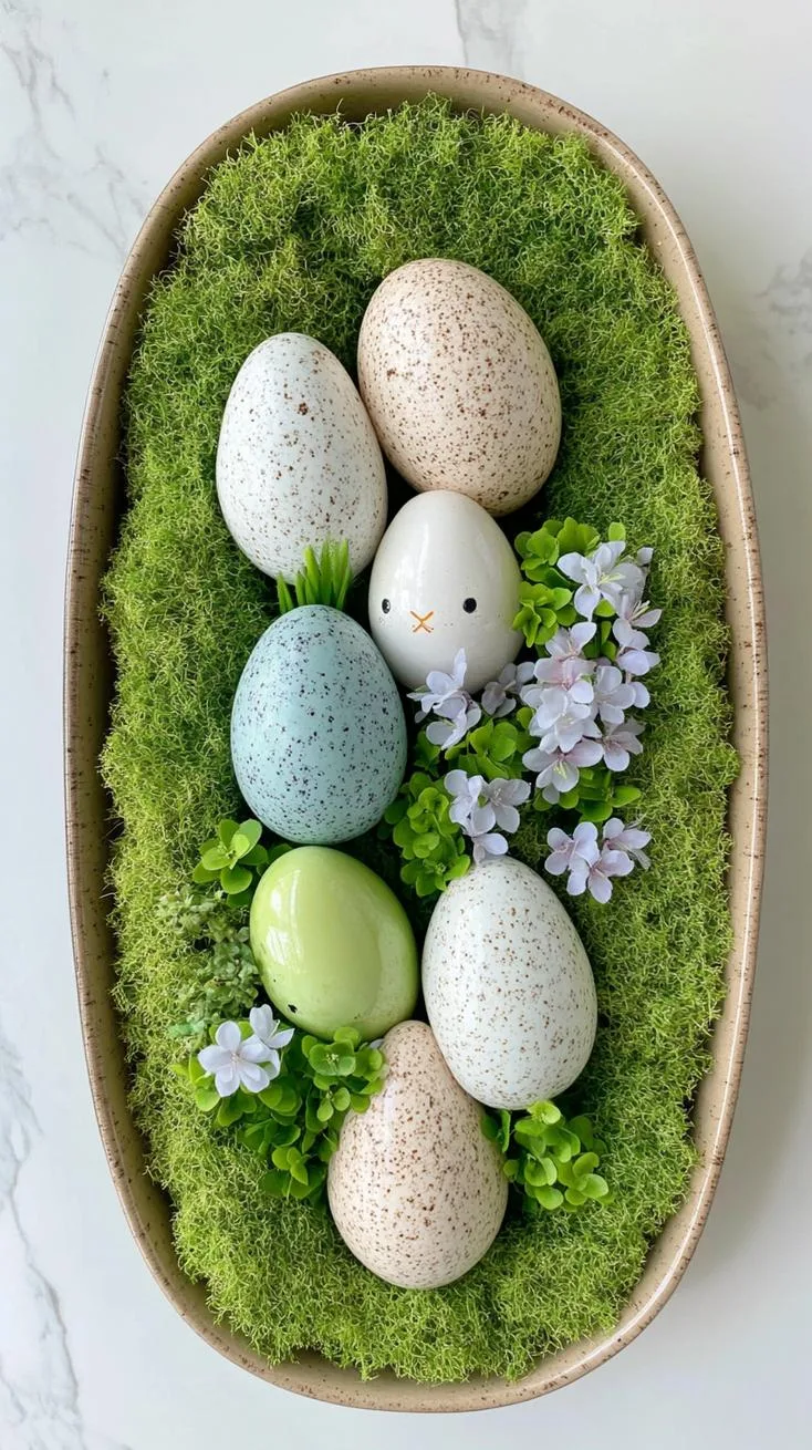 21 Trendy Easter Decor Ideas For 2025 48 18. Moss-lined tray with ceramic bunnies and eggs-1