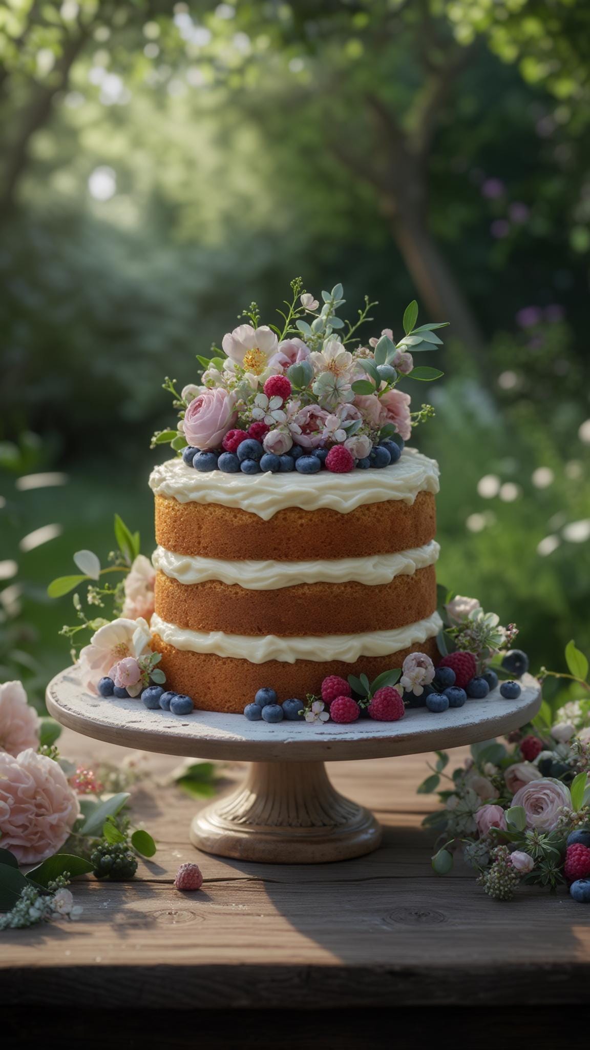 21 Dreamy Garden Wedding Decor Ideas 51 19. Naked wedding cake adorned with fresh berries and flowers-0