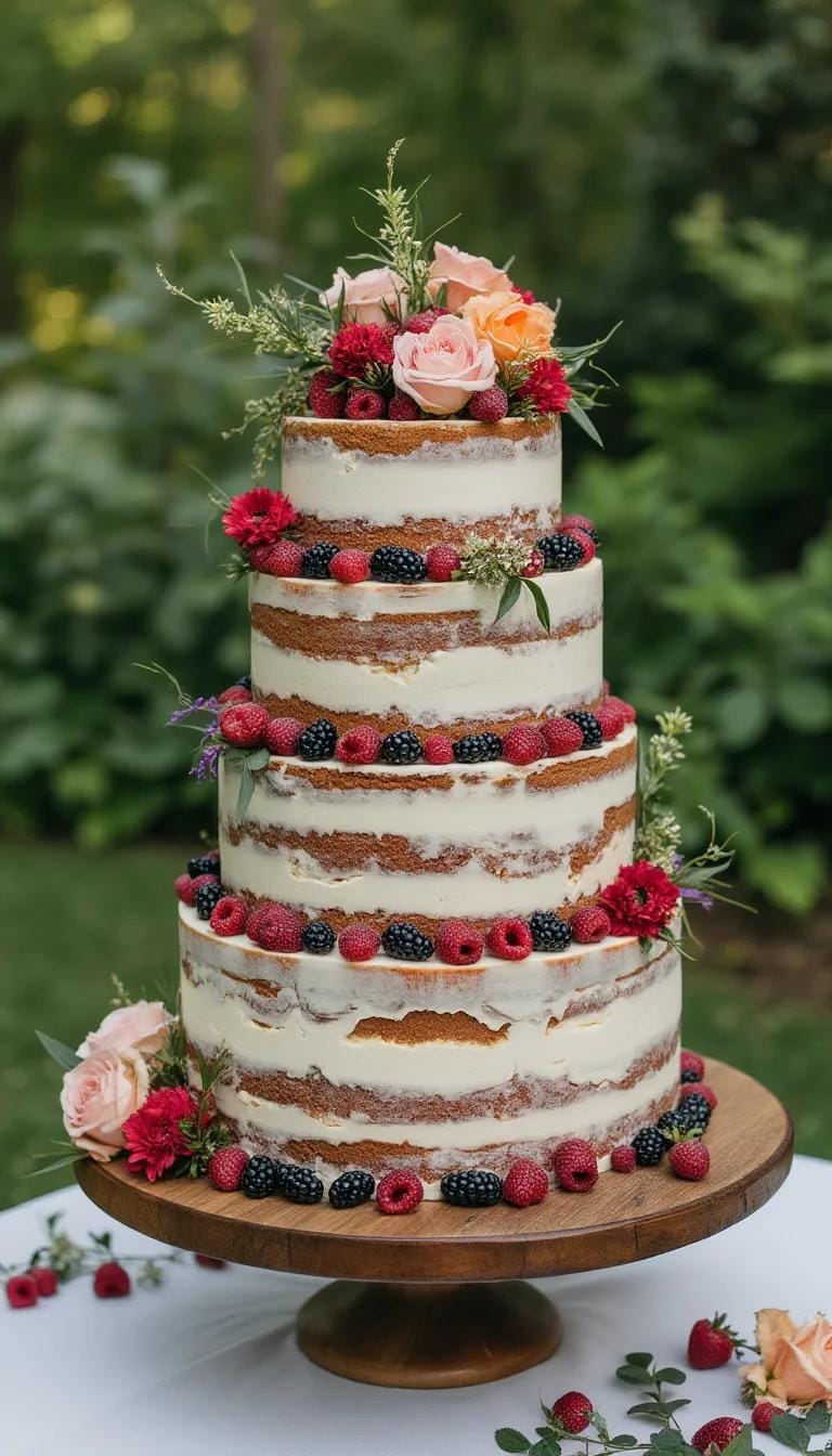 21 Dreamy Garden Wedding Decor Ideas 52 19. Naked wedding cake adorned with fresh berries and flowers-1