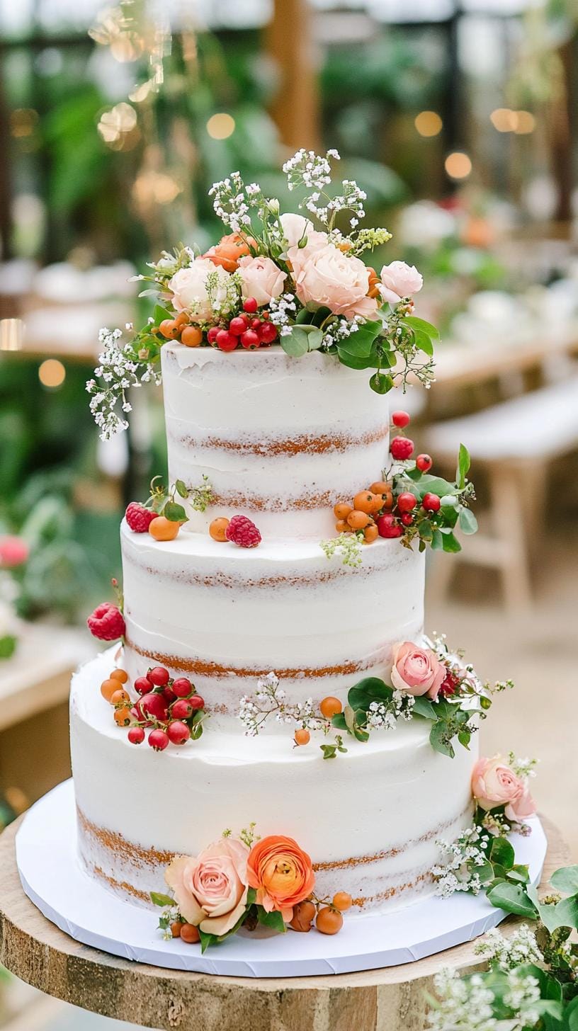 21 Dreamy Garden Wedding Decor Ideas 53 19. Naked wedding cake adorned with fresh berries and flowers-2