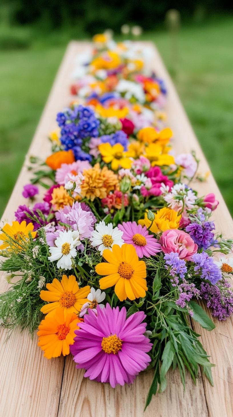 21 Dreamy Garden Wedding Decor Ideas 33 11. Overflowing wildflower centerpiece on rustic wooden tables-1
