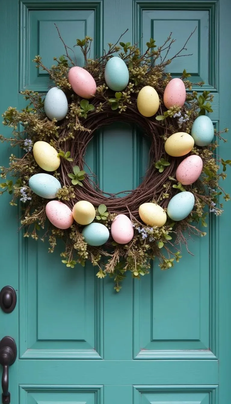 21 Trendy Easter Decor Ideas For 2025 10 4. Pastel egg wreath on a bold-colored front door-1