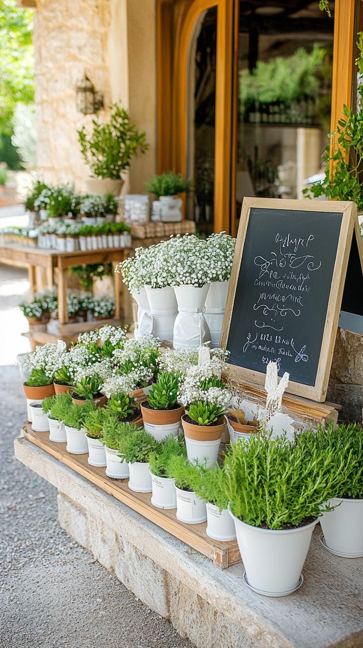 21 Dreamy Garden Wedding Decor Ideas 58 21. Potted plant wedding favors with handwritten chalkboard sign-1